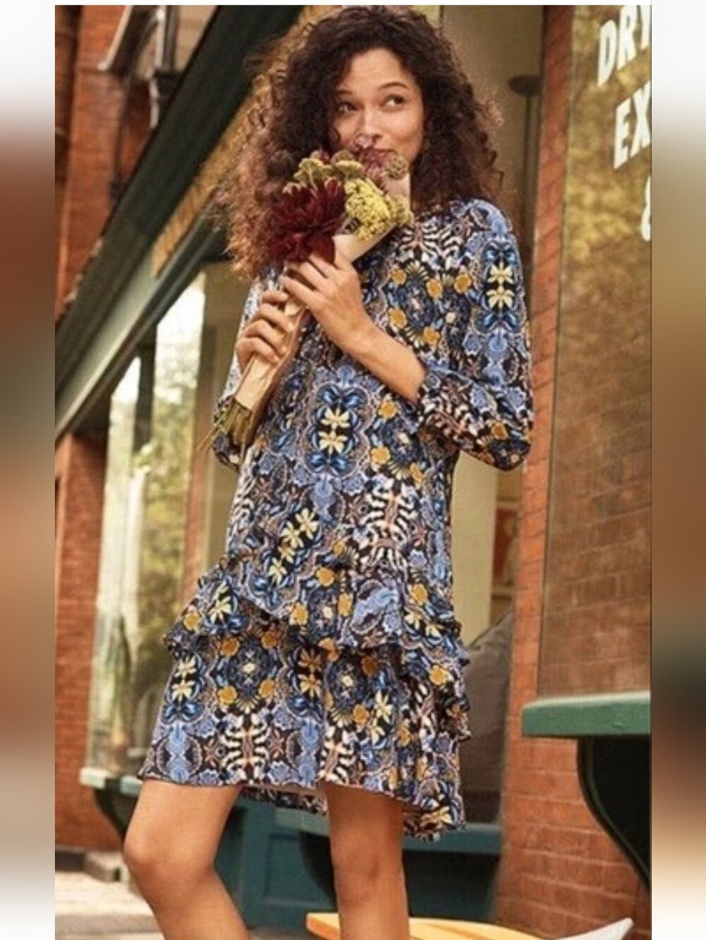 LOFT Blue and Yellow Floral Tiered Long-Sleeve Dress